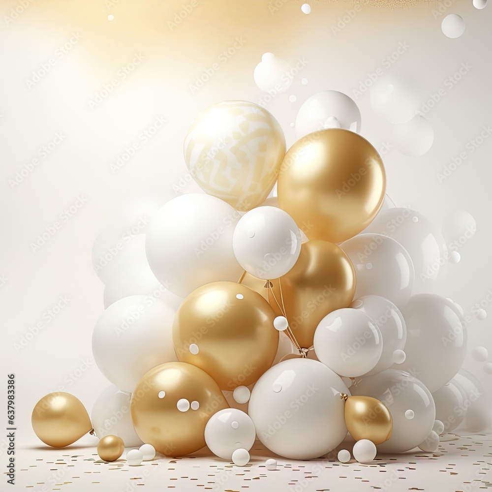 Balloons in gold and white colors on a white background for your celebration, generated by AI