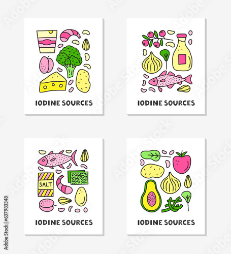 Cards with lettering and doodle colored iodine food sources.