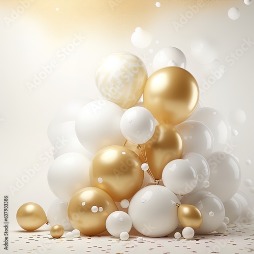Balloons in gold and white colors on a white background for your celebration, generated by AI