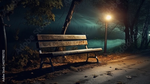 Bench by the roadside with overhead spotlight at night, generated by ai