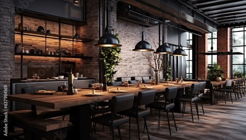 Interior of cozy restaurant, loft style, with bar and chairs with concrete walls and wooden floor indoors © CravenA