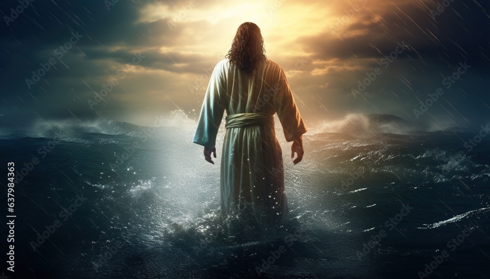 Jesus Christ walking on water on the sea of Galilee
