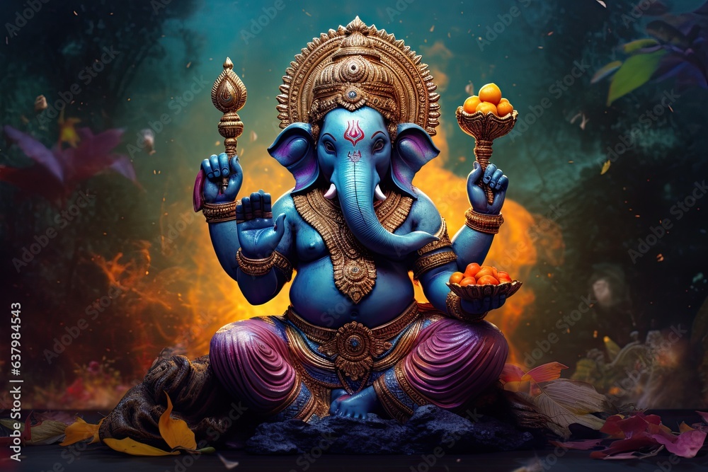 Ganesha Hindu God , with flowers, oil painting taken up into heaven, sitting in front of bokeh mandala background Ganesha Hindu God , with flowers, oil painting taken up into heaven, sitting in front of bokeh mandala background