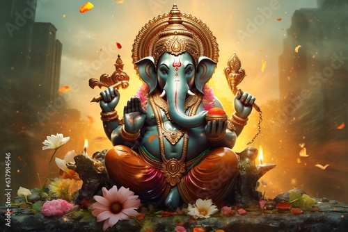 Ganesha Hindu God , with flowers, oil painting taken up into heaven, sitting in front of bokeh mandala background photo