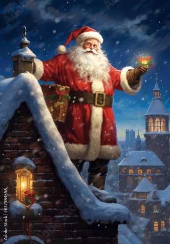 Illustration of Santa Claus standing on top of a chimney in a festive painting created with Generative AI technology © AI Visual Vault