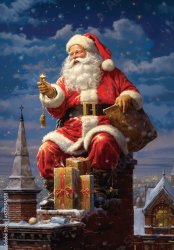 Illustration of Santa Claus sitting on a chimney in a festive painting created with Generative AI technology