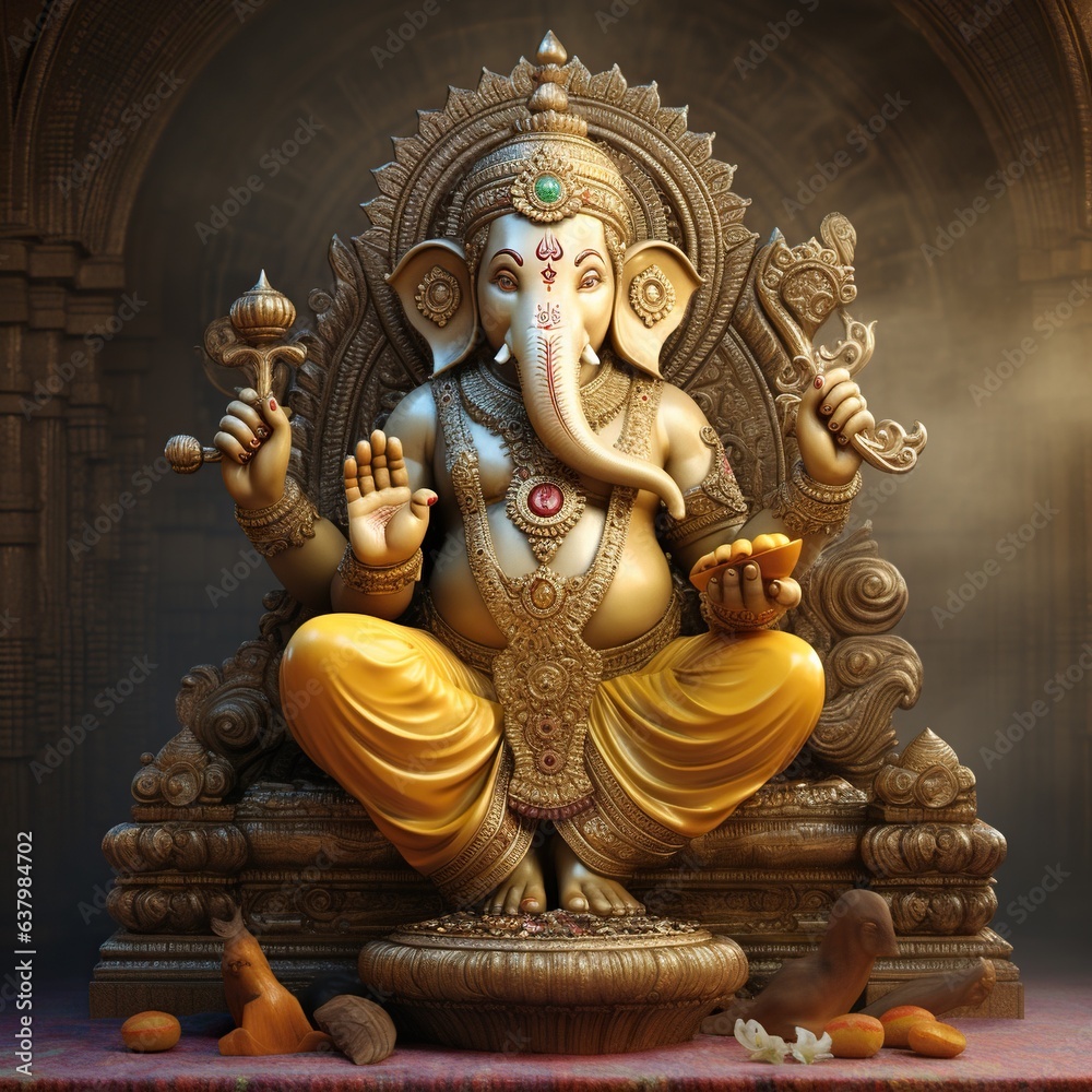 Ganesha Hindu God , with flowers, oil painting taken up into heaven, sitting in front of bokeh mandala background