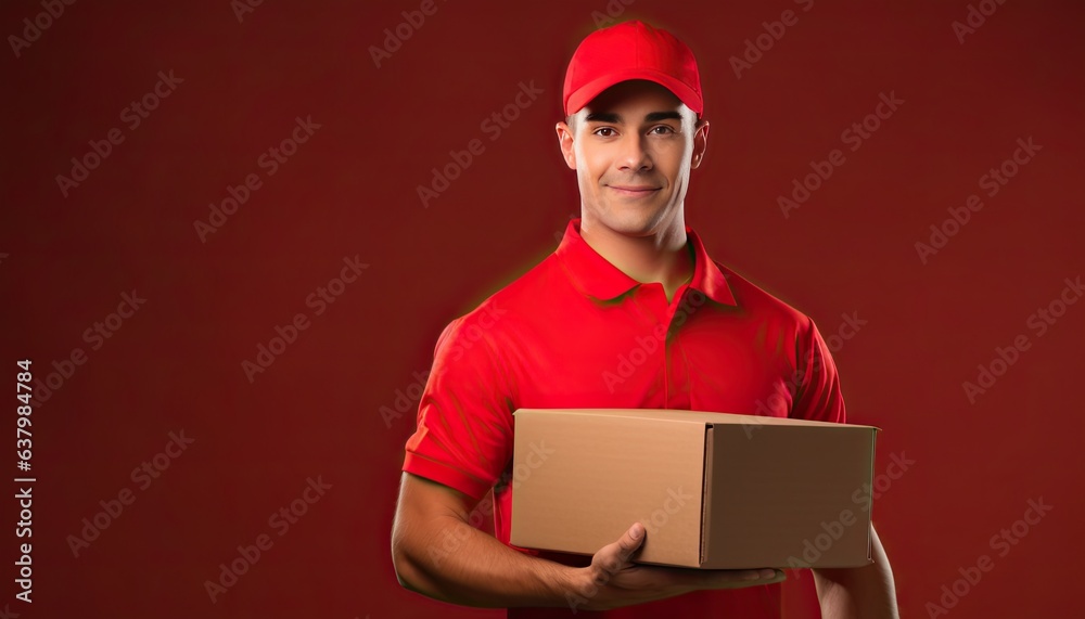 delivery man with a package, male courier wearing uniform holding box delivery man with a package, male courier wearing uniform holding box