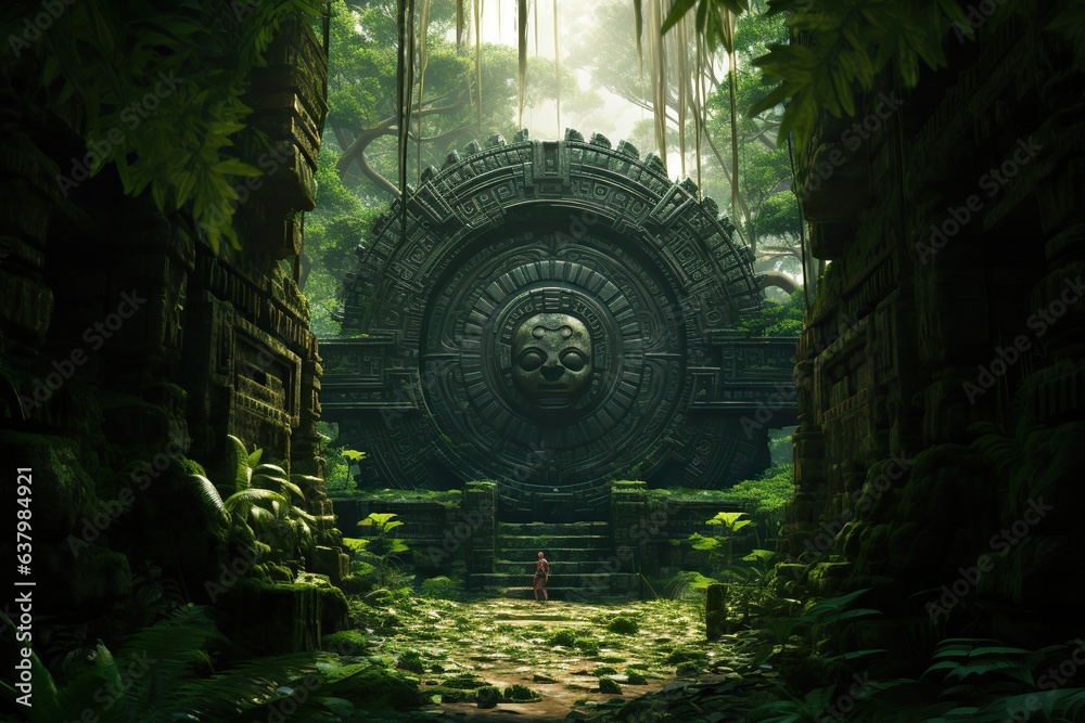 Mayan gate in the forest. An adventurer in a green tropical rainforest discovering a secret passage. Explorer walking through a secret gate - obrazy, fototapety, plakaty 