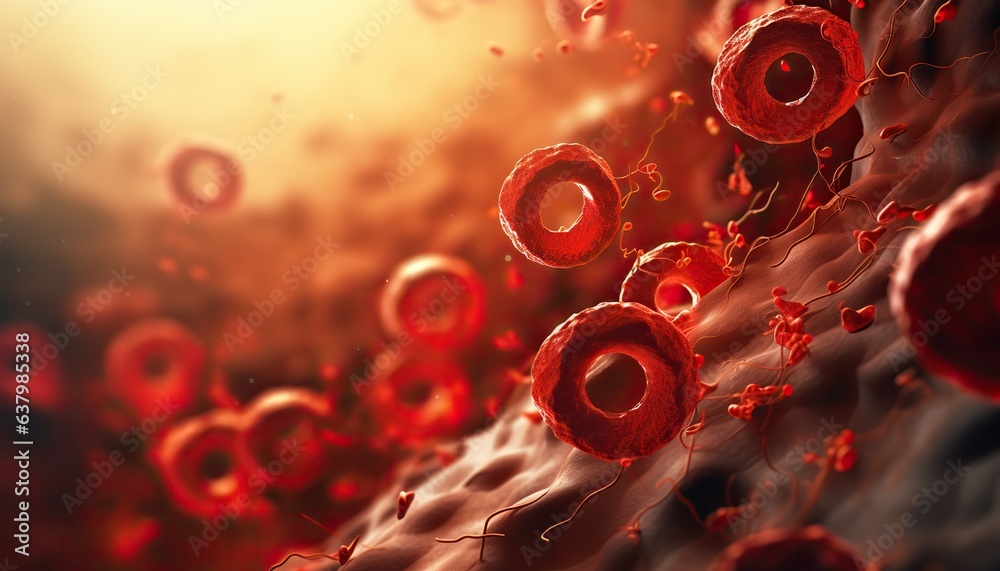 red blood cells circulating in the blood vessels, blood clot or thrombus blocking the red blood cells stream within an artery - obrazy, fototapety, plakaty 