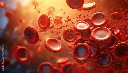 red blood cells circulating in the blood vessels, blood clot or thrombus blocking the red blood cells stream within an artery