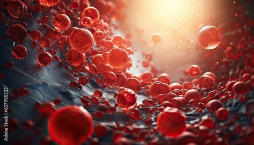 red blood cells circulating in the blood vessels, blood clot or thrombus blocking the red blood cells stream within an artery