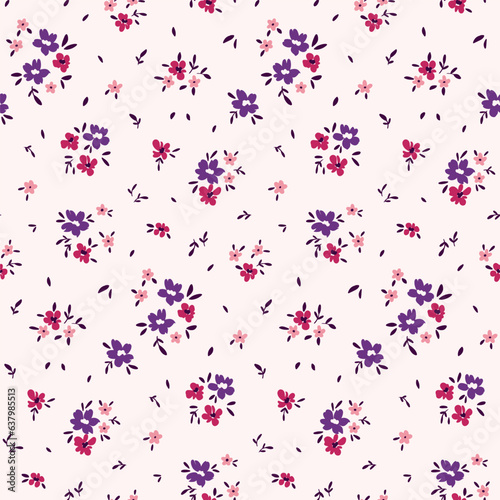 Seamless floral pattern, liberty ditsy print with drawing of mini cute plants. Pretty botanical design: small hand drawn daisy flowers, tiny leaves, bunches on a light background. Vector illustration.