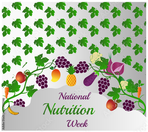 "National Nutrition Week'' Vector greeting of national Vegetarian Week vector banner design with geometric shapes, vegetables icon pattern, green background and typography. Vector illustration 