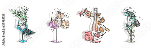 Collection of wine elements - Wine designs. Sketch vector illustration. Hand drawn elements for invitation cards, advertising banner and menu cards. Colorful wine glasses with splashing wine.