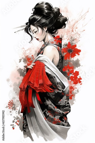 technical illustration of a geisha  detailed costume  intricate  calligraphy