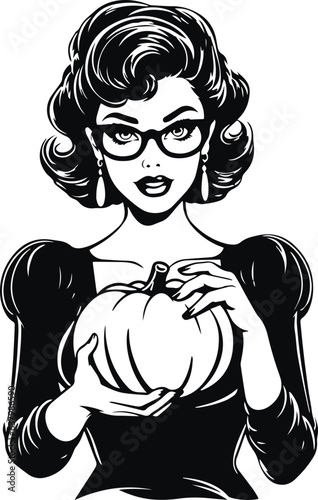 Vintage woman holding a pumpkin halloween, Happy Halloween Vector Illustration, SVG