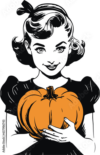 Vintage Little girl holding a pumpkin halloween, Happy Halloween Vector Illustration, SVG