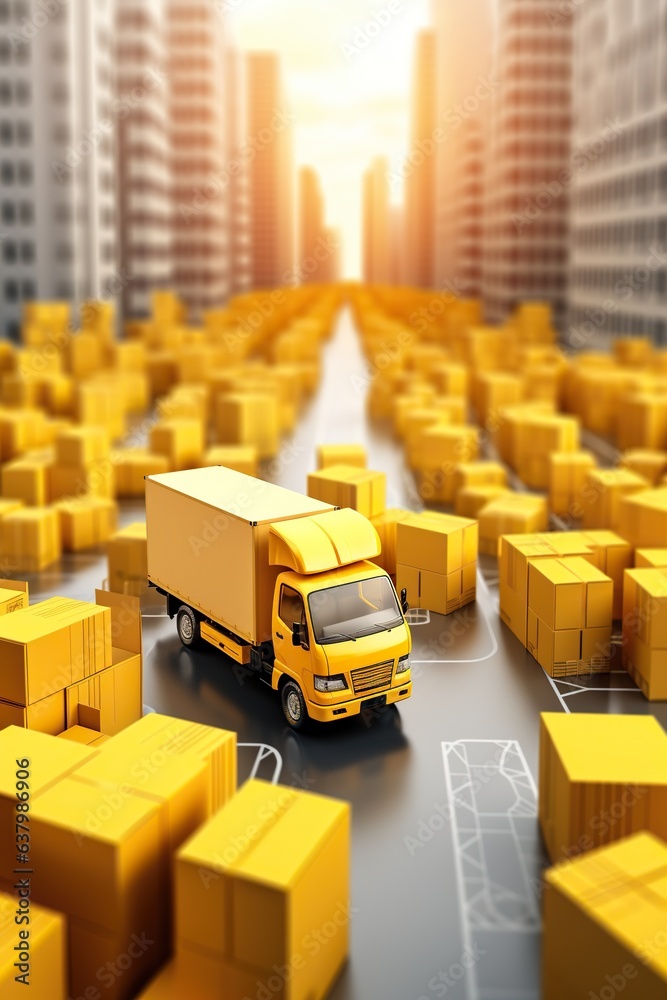 yellow trucks and boxes supply chain concept, 3D - obrazy, fototapety, plakaty 