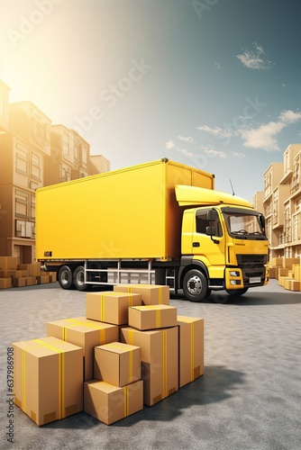 yellow trucks and boxes supply chain concept, 3D photo