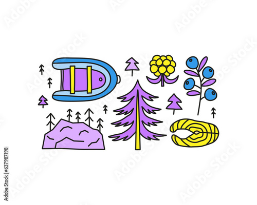 Group of doodle colorful natural forest, camp icons.