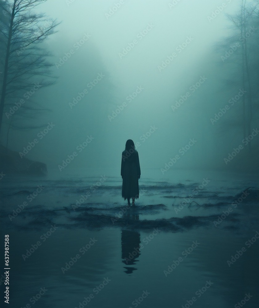 Mysterious silhouette of a woman standing in a foggy forest Mysterious silhouette of a woman standing in a foggy forest