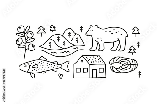 Group of doodle natural, forest, animal, food icons.