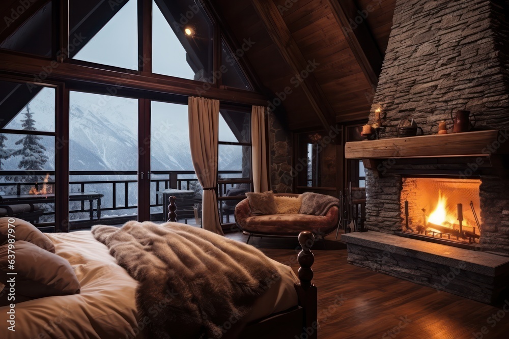 interior of bedroom in chalet in the mountains .Living room with fireplace