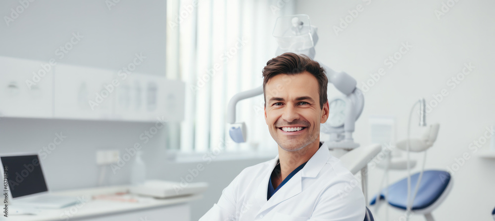 Portrait of doctor smiling in clinic. Dentist at workplace. Dentistry clinic banner.  