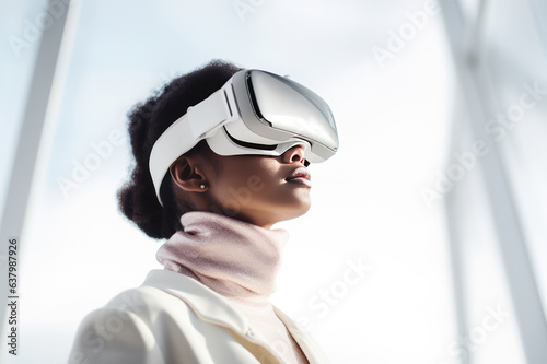 African American woman wearing virtual reality headset. Young mixed race woman in VR goggles on clean white minimal futuristic background. Clear future vision. Generative AI