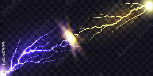 Opposition of yellow and purple lightning. Realistic electric lightning glow. Vector illustration, isolated on transparent background.