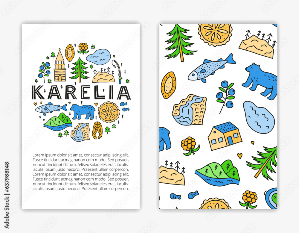 Card templates with lettering and doodle colored Karelia icons.