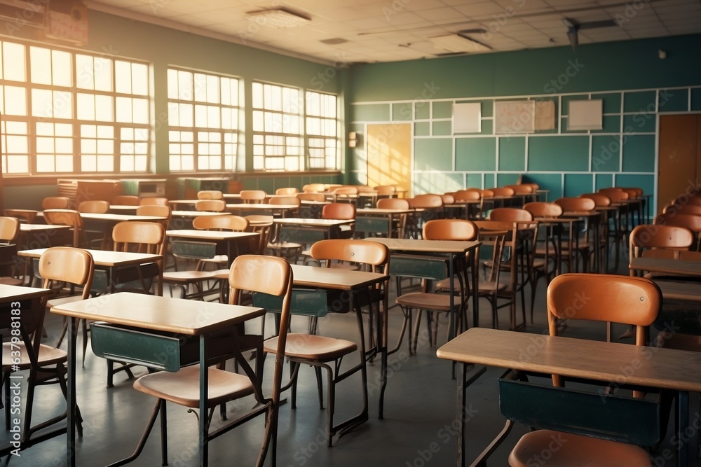 Empty Classroom with Wooden Chairs. Generative Ai