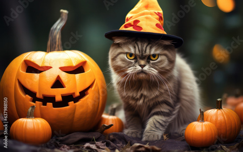 funny grumpy cat in halloween hat with jack o lantern pumpkin © Dina