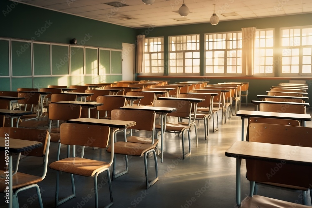 An Empty Classroom with Wooden Chairs. Generative Ai