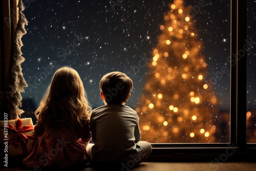 siblings watching Christmas tree with lights at  night. Brother and sister on xmas eve