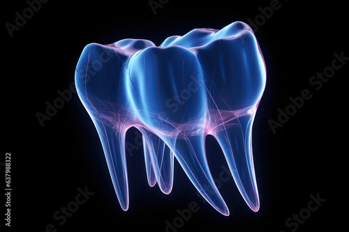 neon tooth 3d mesh illustration. Blue glowing dentist clinic medical poster.
