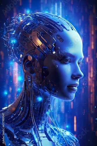 artificial intelligence with a data stream’s background glowing blue, photorealistic, ultraviolet, impressive, vibrant, beautiful