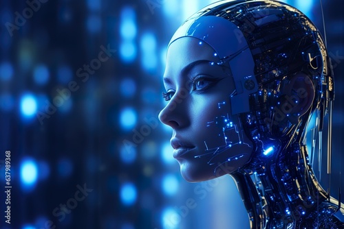 artificial intelligence with a data stream’s background glowing blue, photorealistic, ultraviolet, impressive, vibrant, beautiful