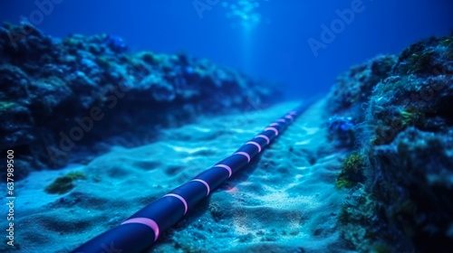Fiber optic cables under the ocean made with Ai generative technology, Property is fictional