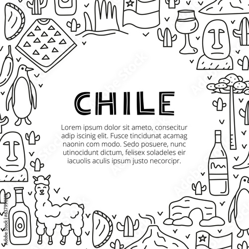 Poster with lettering and doodle outline Chile icons.