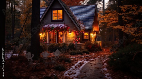 A charming cottage nestled amidst a forest of vividly colored trees  the warm glow of the season in every detail - Generative ai