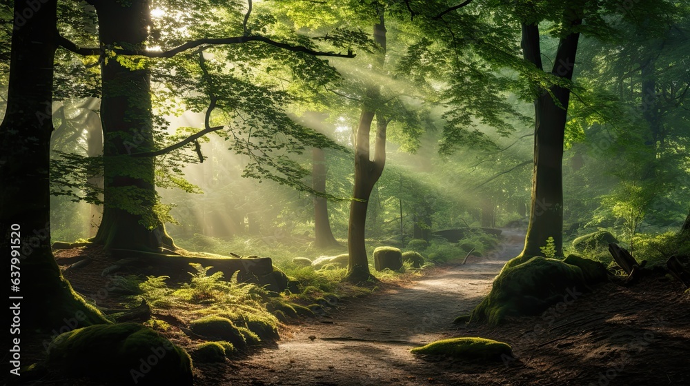 Obraz premium An enchanting woodland clearing with sunlight streaming through the leaves, creating an ethereal glow - Generative ai