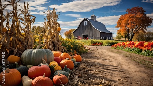 An idyllic scene of a rustic barn surrounded by fields of pumpkins and cornstalks, embraced by fall foliage - Generative ai