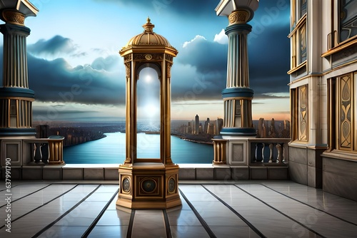 Beautiful, elegant background with a pedestal and a showcase. 3d illustration