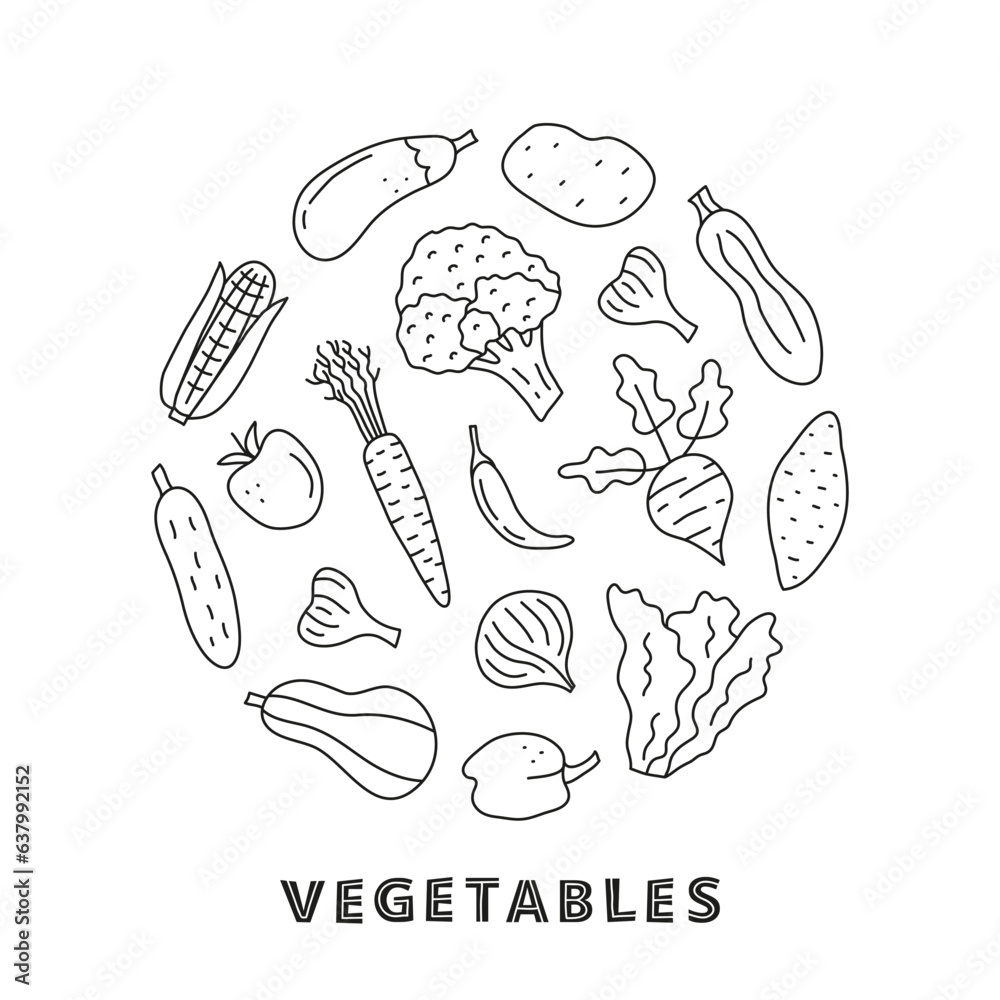 Doodle outline food vegetable icons in circle.