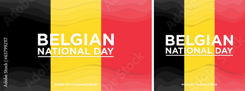 Belgian National Day Greeting Card and Banner. Bonne Fete National Belge. Celebrated on July 21. Vector Illustration. EPS 10. Paper cut out concept with belgian flag colors.
