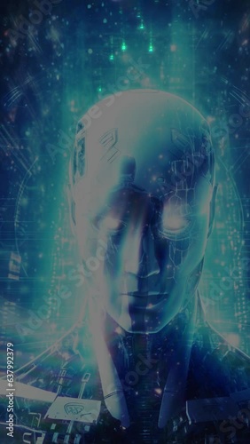 Robot face artificial intelligence in motion with blue light effected. for mobile application background. 9:16 4K vdo.