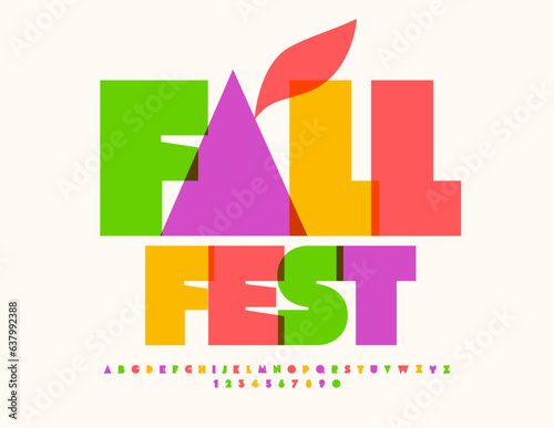 Vector event flyer Fall Fest with decorative Leaf. Colorful Alphabet Letters and Numbers set. Abstract style Font