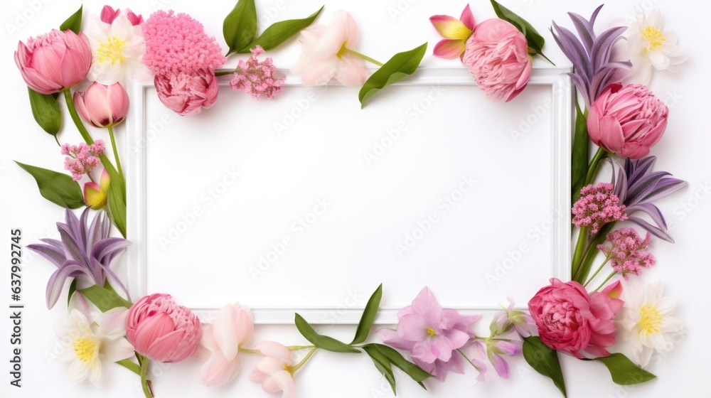 A white frame with pink and purple flowers on it